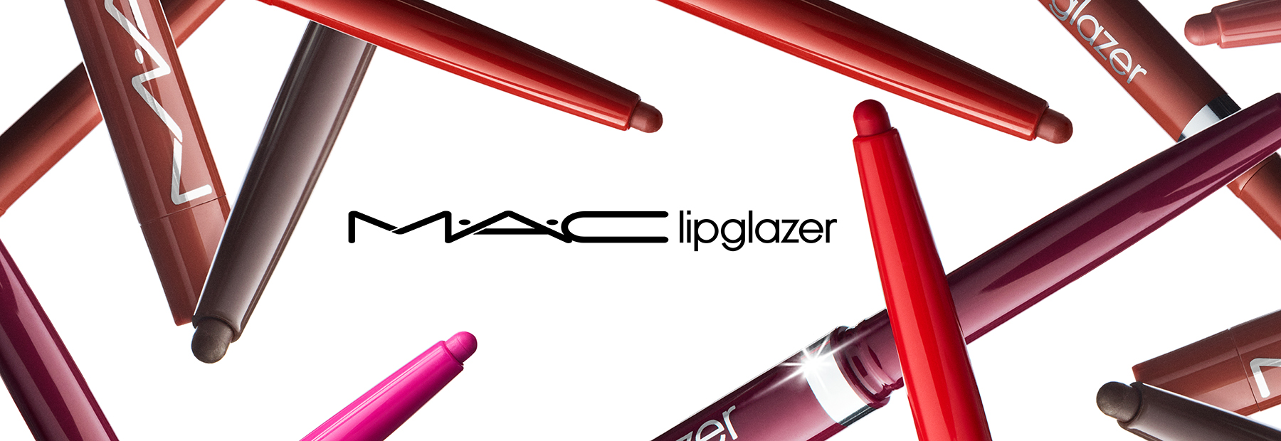 Mitmevärvilised MAC Lipglazer huuletooted valgel taustal koos MAC logoga keskel.